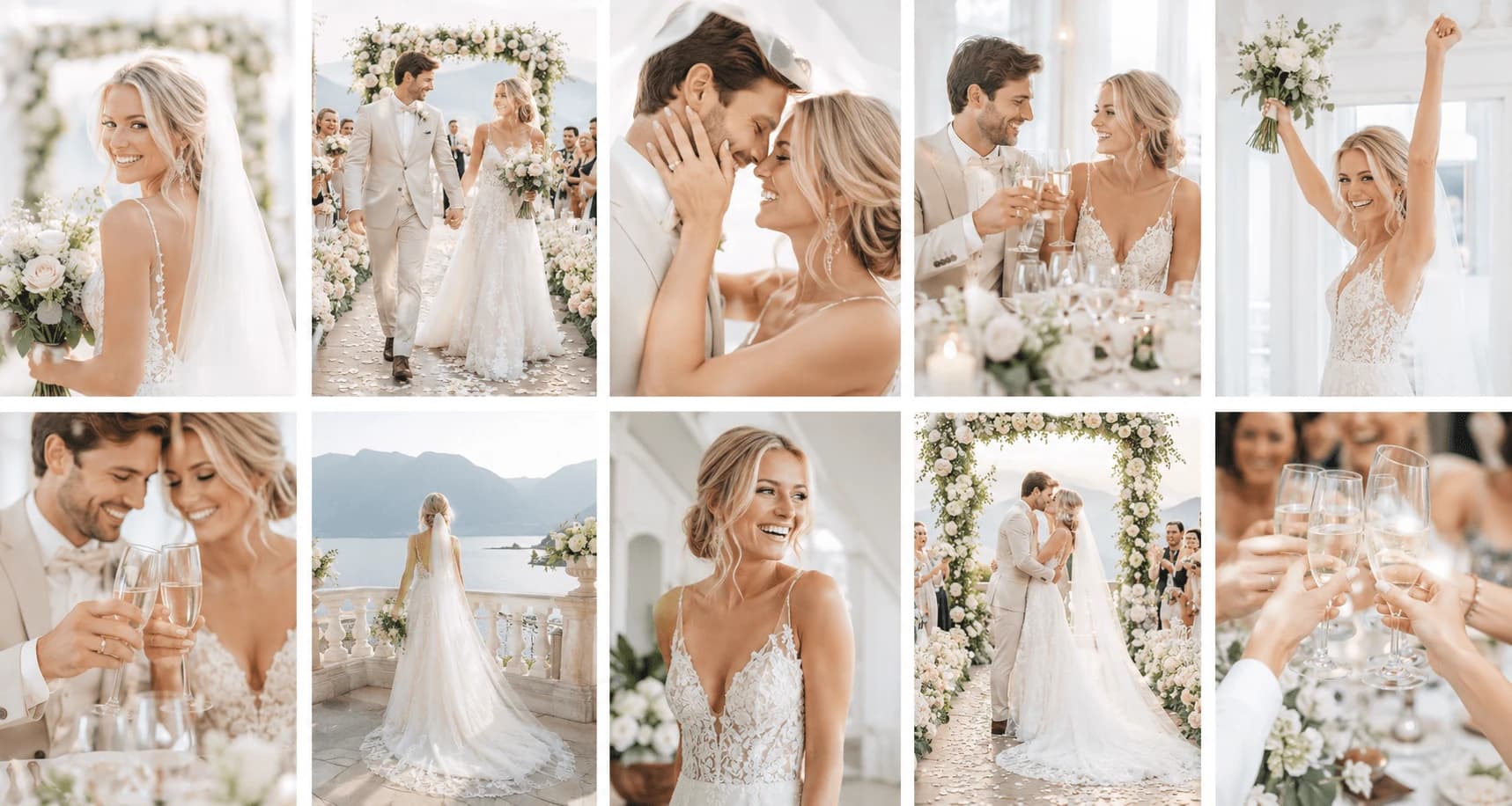 Collage aus romantischen Hochzeitsmomenten mit Brautpaar, Zeremonie und Feier.